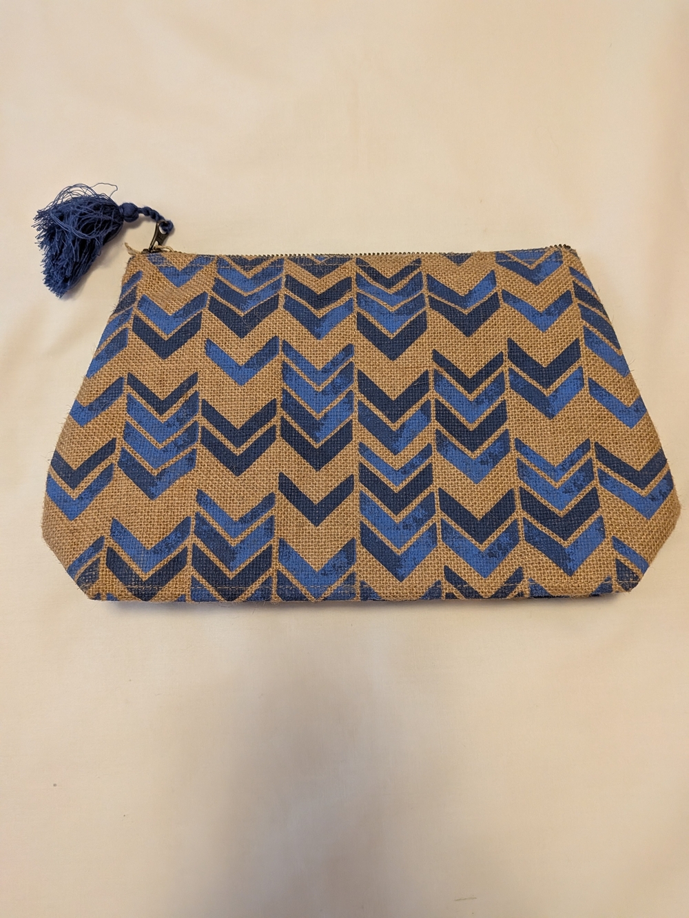 Neiman Marcus Blue and Tan Chevron Tassel Cosmetic Pouch